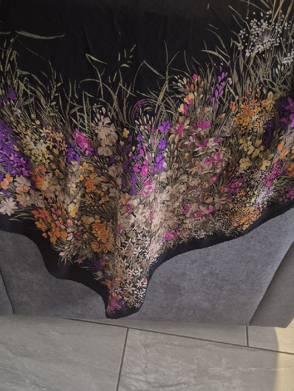Black Floral Border Scarf with Purple and Orange Blooms
